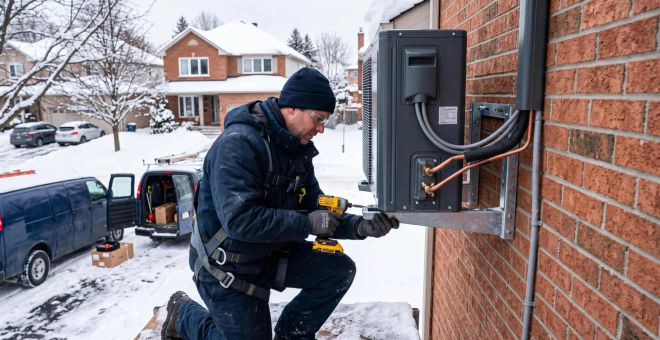 Technicien HVAC installant une thermopompe murale extérieure sur la façade d'un bâtiment canadien en hiver