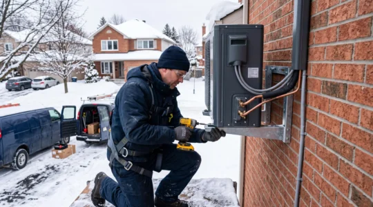 Technicien HVAC installant une thermopompe murale extérieure sur la façade d'un bâtiment canadien en hiver
