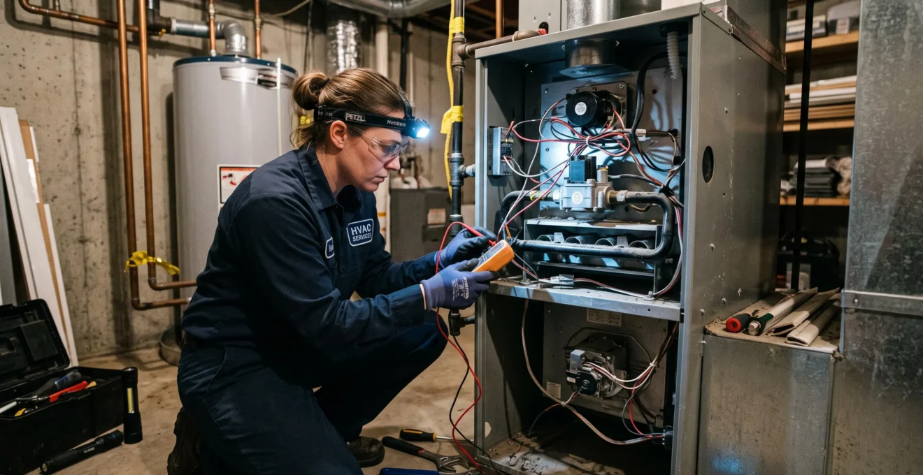 Technicien effectuant la maintenance d'un système de chauffage central dans une salle mécanique résidentielle